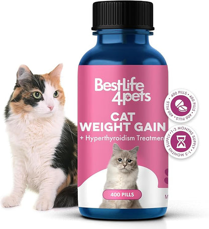 Cat Weight Gain &amp; Hyperthyroidism Treatment, Safe and Effective Cat Appetite Stimulant, Thyroid and Metabolic Support, Weight Management Remedy, 400 All-Natural Odorless, Tasteless Pills