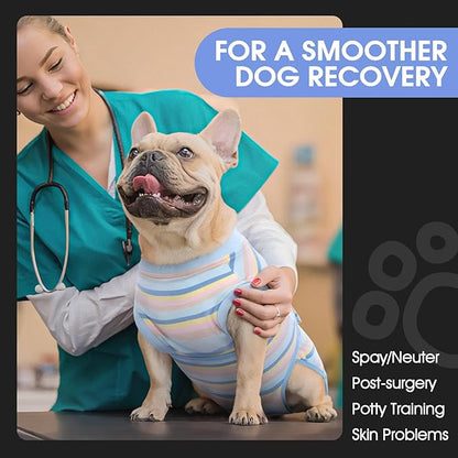 FUAMEY Recovery Suit for Dogs After Surgery,Soft Breathable Dog Bodysuit E-Collar &amp; Cone Alternative Surgical Suit,Male Female Dog Neuter Spay Suits Anti Licking Wounds Onesie Blue Yellow Stripes XXL