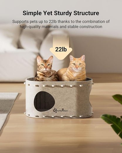 DownyPaws Cat House for Indoor Cats, Cat Bed Cave for Multiple &amp; Large Cats Up to 22 Lbs, Scratch Resistant, Foldable Peekaboo Kitten Caves Tunnel Enclosed Bed, PeekaPurr, Cream