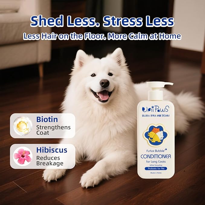 Unipaws Biotin Long-Haired Dog Conditioner – Volumizing, Anti-Shedding, Detangling &amp; Softening for Glossy, Show-Ready Coats with Hibiscus – EWG Green &amp; Medicated, Made in Korea, 16.9 Fl Oz / 500ml
