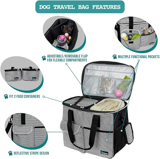 PetAmi Dog Travel Bag - Organizer with Food Container, Bowls &amp; Accessories for Weekend Camping, Cat Diaper Bag (Stripe Black, Large)