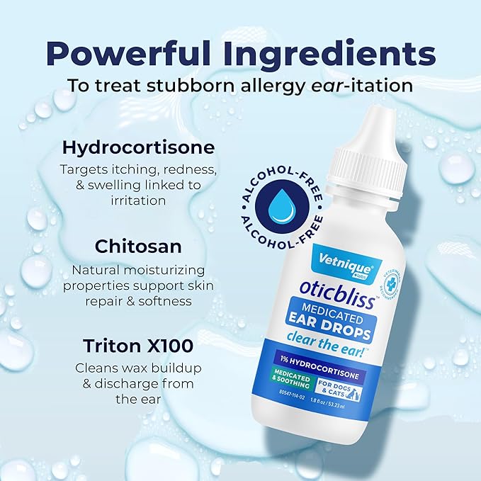 Vetnique Oticbliss Medicated Cat &amp; Dog Ear Cleaner Drops - Dog Ear Infection Treatment with 1% Hydrocortisone to Soothe Itching, Redness, &amp; Swelling - Vet Recommended