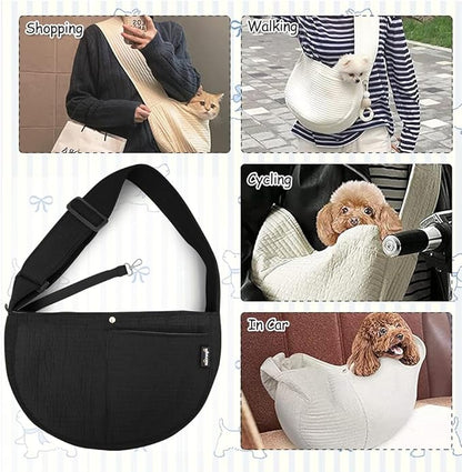 NATUYA Small Dog Carrier Sling Cat Sling-Dog Slings for Carrying Small Dogs-Adjustable Strap Hand Free Pet Puppy for Outdoor Traveling Subway (Black, Canvas-Adjustable Strap)