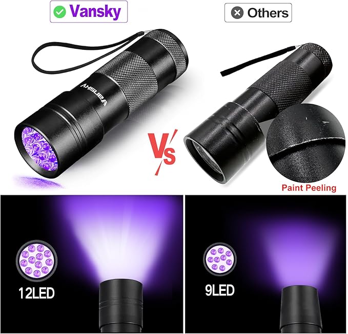 Black Light UV Flashlight,Vansky Blacklight 12 LED Urine Detector For Dog/Cat/Pet Urine &amp; Dry Stains and Bed Bug On Carpets/Rugs/Floor,Matching with Pet Odor Eliminator
