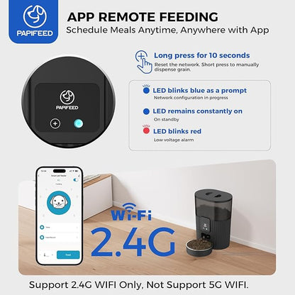 PAPIFEED Automatic Cat Feeder 3.5L/15 Cup 2.4G WiFi Pet Feeder for Dog Work with Alexa &amp; Echo Timed Cat Food Dispenser for Remote Feeding with Stainless Steel Bowl up to 10 Meals Per Day with APP