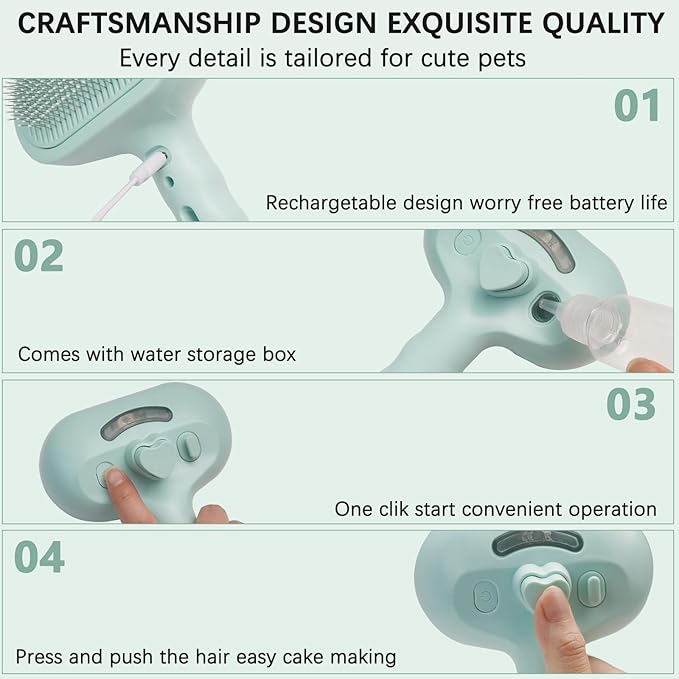 Pet Steam Brush for Cat &amp; Dog – 4-in-1 De-Shedding, Steam Spray, and Self-Cleaning Grooming Tool – Ideal for Long and Short-Haired Pets– Includes 2 Bottles of 120 mL Waterless Shampoo(Green)