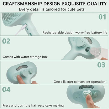 Pet Steam Brush for Cat &amp; Dog – 4-in-1 De-Shedding, Steam Spray, and Self-Cleaning Grooming Tool – Ideal for Long and Short-Haired Pets– Includes 2 Bottles of 120 mL Waterless Shampoo(Green)