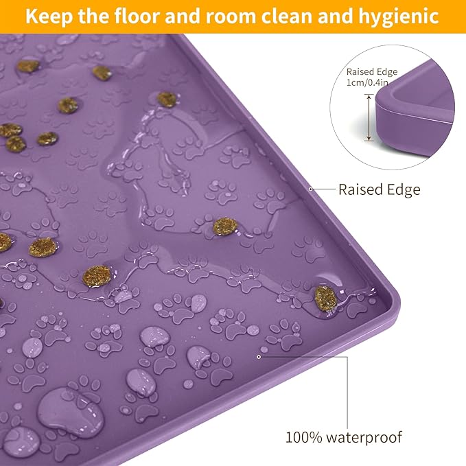 Ptlom Silicone Dog Food Mat Waterproof Pet Feeding Mat with High-Lips, Anti-Slip Dog Bowl Mat for Food &amp; Water, Non-Spill Puppy Feeding Tray for Small, Medium &amp; Large Dogs and Cats, Purple