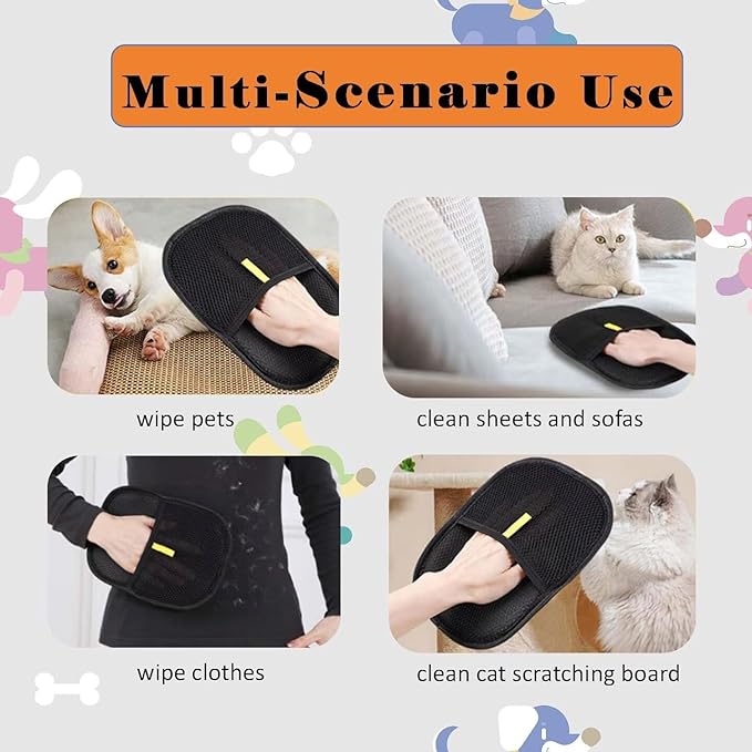 3 PCS Pet Hair Removal Glove for Cats &amp; Dogs, Electrostatic Grooming Gloves for Pet Hair, Reusable Double Sided Static Hair Remover for Couch, Furniture, Carpet &amp; Car Seat