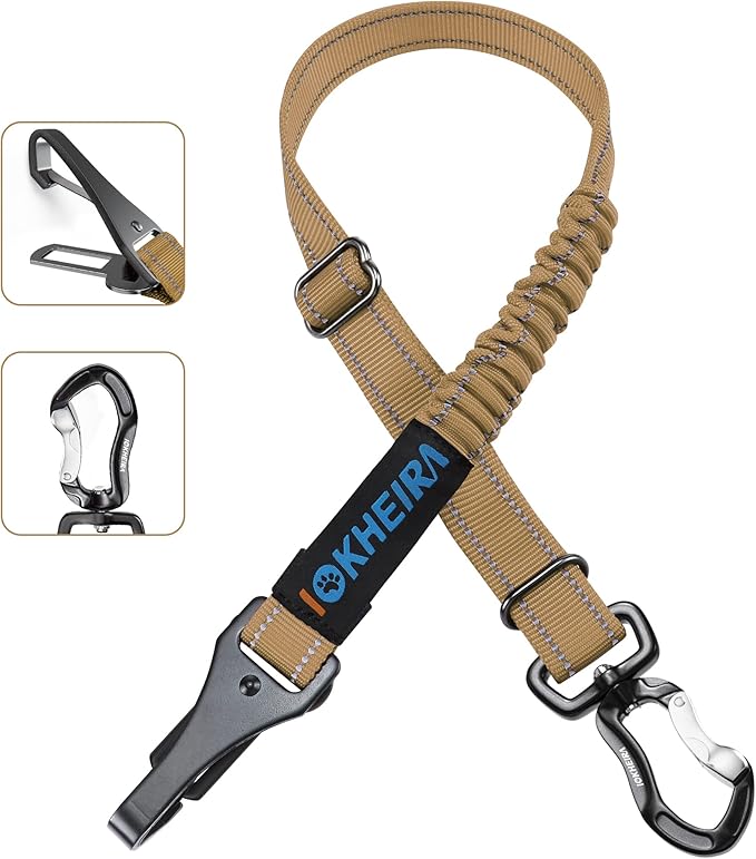 IOKHEIRA Dog Seatbelt, Universal Reflective Bungee Dog Car Harness with Hook Latch &amp; Seatbelt Buckle, Swivel Aluminum Carabiner, Green