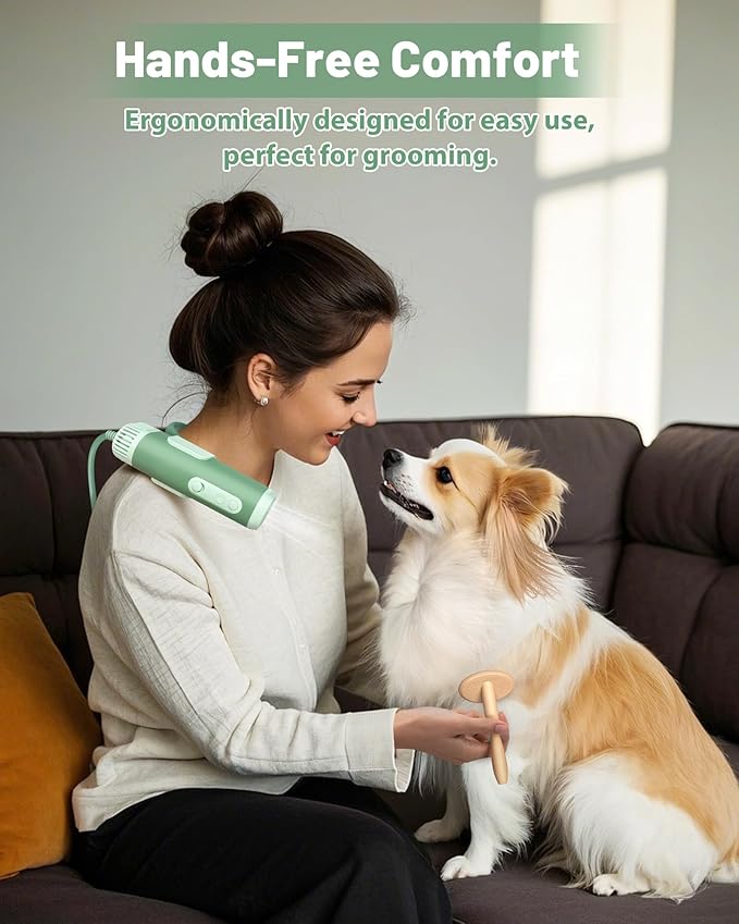 Hands-Free Dog Hair Dryer – Low Noise Pet Grooming Blower for Small &amp; Medium Dogs Cats, Fast Drying, Adjustable Heat &amp; Speed, Portable (Green)