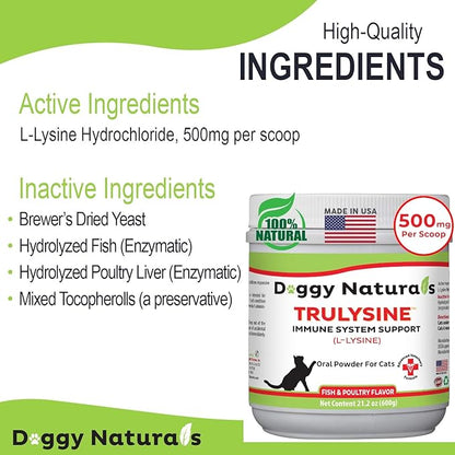 Trulysine L-Lysine for Cats Immune Support Oral Powder 21.2oz/600g - Cats &amp; Kittens of All Age, Sneezing, Runny Nose Squinting, Watery Eyes-Fish &amp; Poultry Flavor (U.S.A)(600 Grams (500mg / Scoop))