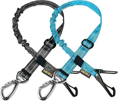 AUBELL Dog Seat Belt for Car,2 Pack Set 3-in-1 Adjustable Reflective Bungee Heavy Duty Dog Car Harness Tether with Clip Hook Latch &amp; Buckle,Swivel Zinc Alloy Carabiner,Black+Blue