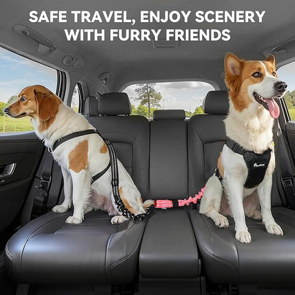 Pawaboo 2Pack Dog Seatbelt for Car, 3-in-1 Dog Car Seat Belt Bungee, Shockproof Dog Tether for Car with Buckle &amp; Hook Latch, Adjustable Reflective Dog Harness Leash with 360° Lockable Buckle, Pink