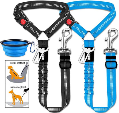 3 Piece Set Dog Seat Belt Retractable Dog Car Seatbelts Adjustable Pet Seat Belt for Vehicle Headrest Restraint Adjustable Heavy Duty &amp; Elastic &amp; Durable Car Harness for Dogs 06-Black+Blue