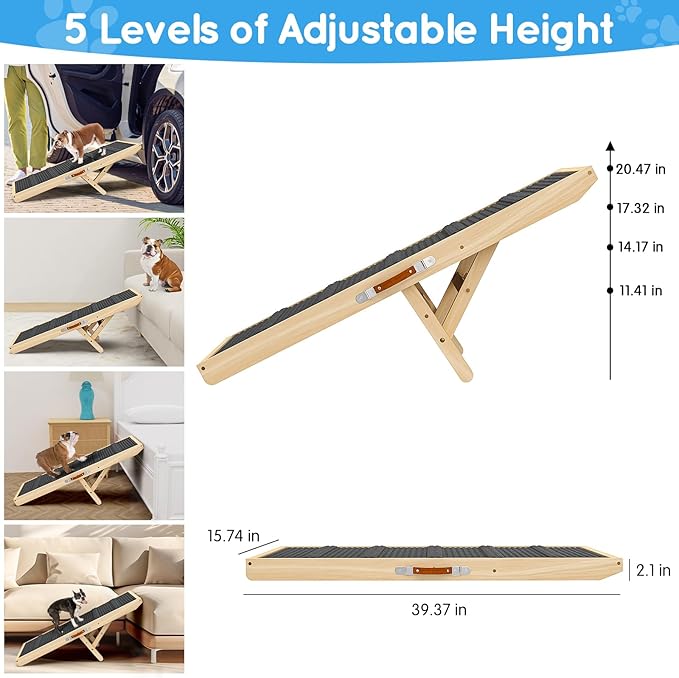 Dog Ramp for Couch, Bed, Wooden Long Pet Stairs for Small &amp; Large Old Dogs &amp; Cats, Hold up to 100lb, Adjustable Height from 11.41" to 20.47", Portable Doggie Steps (39.37" Long)