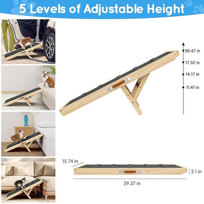 Dog Ramp for Couch, Bed, Wooden Long Pet Stairs for Small &amp; Large Old Dogs &amp; Cats, Hold up to 100lb, Adjustable Height from 11.41" to 20.47", Portable Doggie Steps (39.37" Long)
