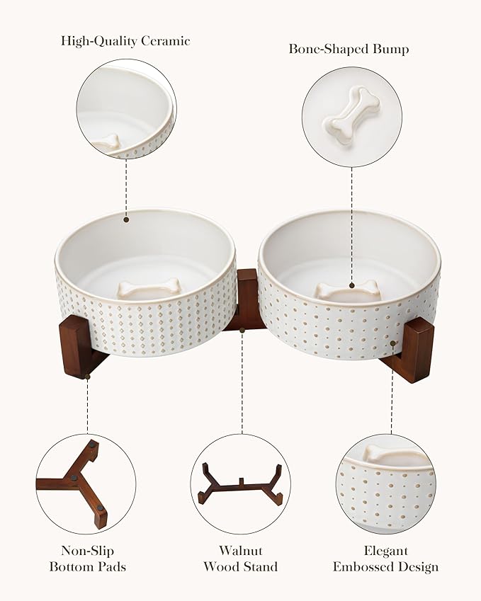 MALACASA Dog Bowl Set with Walnut Wood Stand, 3.5 Cups Ceramic Pet Bowls for Puppy Dogs, Dual Food and Water Bowls with Weighted Non-Slip Base, Basic Bowls for Your Dog or Cat, Rhombic &amp; Polka Dots