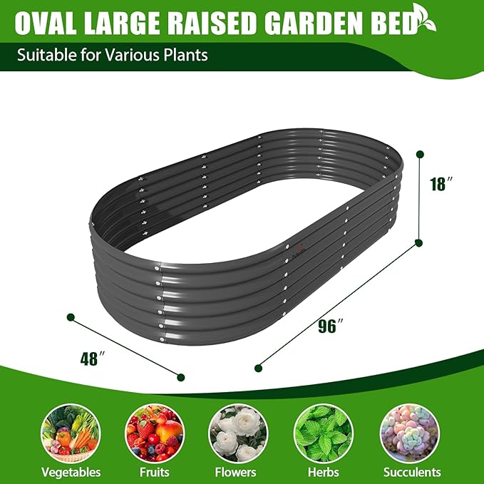 A ANLEOLIFE 8X4X1.5 ft Galvanized Raised Garden Beds Outdoor, Oval Large Metal Planter Box for Planting Vegetables Flowers Herb, Anti-Rust &amp; Easy-Setup, Quartz Grey