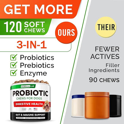 STRELLALAB Pet Probiotics for Dogs &amp; Digestive Enzymes + Digestion &amp; Gut Health Treats, Dog Probiotics Chews, Fiber Supplement, Anti Diarrhea, Constipation, Upset Stomach&amp;Gas Relief, Canine Prebiotic