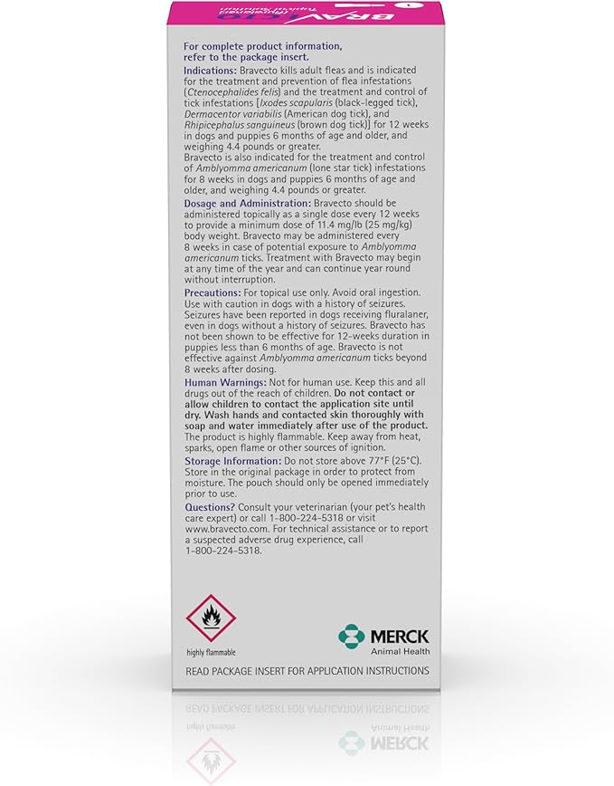 BRAVECTO Topical Solution for Dogs, Flea &amp; Tick, 12 Week Supply, >88-123 lbs., Pink Box