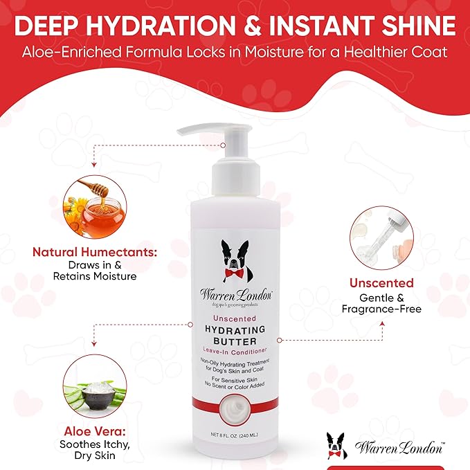 Warren London Hydrating Butter Leave in Pet Conditioner for Dogs | Lotion for Skin and Coat | Aloe Puppy &amp; Dog Conditioner for Hair Detangler, Dry Skin, &amp; Dandruff | Unscented 8oz