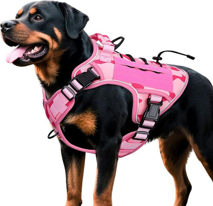 Heavy-Duty Tactical Dog Harness for Large Dogs, No Pull Adjustable Reflective Pet Vest with Molle System, K9 Military-Grade Control for Service Training, Outdoor &amp; 10+ Breeds, Pink Camo, X-Large
