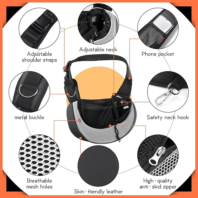 YUDODO Pet Sling Carrier for Small Dogs &amp; Cats – Hands-Free Puppy Carrier with Safety Hook, Large Zipper Pocket, Soft Breathable Mesh, Adjustable Strap &amp; Reflective Strip (Gray 3.0 M)