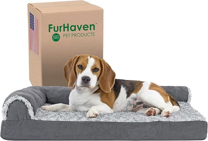 Furhaven Cooling Gel Dog Bed for Medium/Small Dogs w/ Removable Bolsters &amp; Washable Cover, For Dogs Up to 35 lbs - Two-Tone Plush Faux Fur &amp; Suede L Shaped Chaise - Stone Gray, Medium