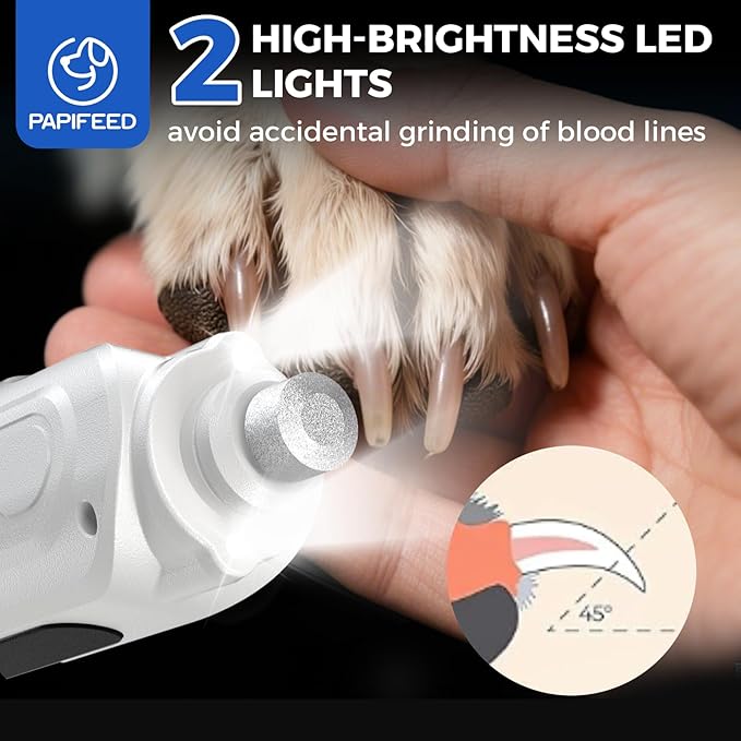 PAPIFEED High Torque Dog Nail Grinder Quiet - 6-Speed Adjustable Dog Nail Trimmers with 2 LED Lights &amp; Dust-Proof Cover, Powerful Motor for Large/Medium/Small Dogs &amp; Cats, Rechargeable - White