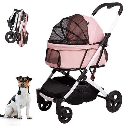 Pet Stroller for Medium Small Dog &amp; Cat, Foldable Lightweight Dog Stroller with Storage Basket Pet Travel Carriage with Safety Leashes, 4 Wheel, Pink