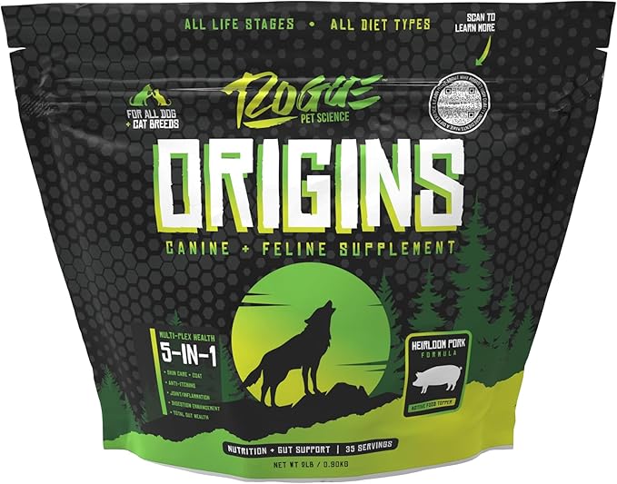 Origins 5-in-1 Dog Supplement - Powdered Food Topper w/Natural Heirloom Pork Protein- Supports Healthy Digestion, Skin, and Coat - Helps Reduce Itching &amp; Joint Inflammation (2 lbs)