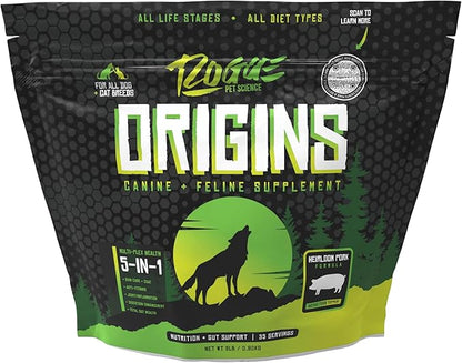 Origins 5-in-1 Dog Supplement - Powdered Food Topper w/Natural Heirloom Pork Protein- Supports Healthy Digestion, Skin, and Coat - Helps Reduce Itching &amp; Joint Inflammation (2 lbs)