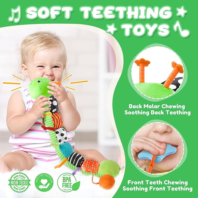 Baby Toys 0-6-12 Months,Musical Caterpillar Stuffed Animals Activity Infant Toys with Crinkle,Rattles,Mirror&amp;Pull String,Muti-Sensory Toys Gifts for Newborn Tummy Time,Green,Knot prolegs