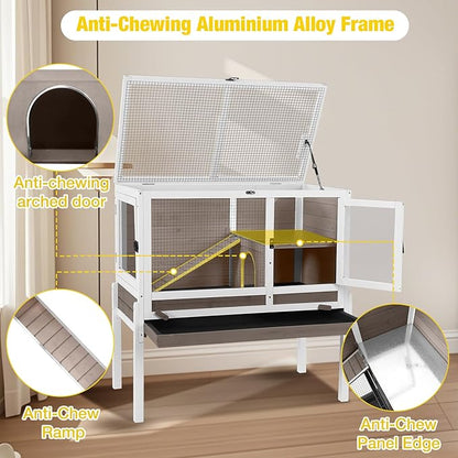 Aivituvin 2-Story Rabbit Hutch with Anti-Chew Ramp &amp; Zinc Sheet - 36.6" Indoor Guinea Pig Cage, Wooden Stand, Pull-Out Tray &amp; Leakproof Floor (Brown)