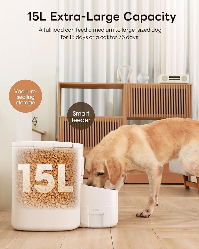Automatic Dog Feeder for Large Breed, 15L/ 63Cups Vacuum-Sealed Storage &amp; Timed Auto Dog Food Dispenser 2in1, Airtight 100% Freshness, Anti-Blockage, Support up to 22mm Pet Food, Stainless Steel Bowl