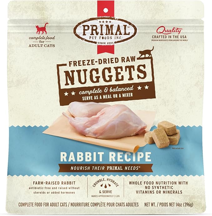 Primal Freeze Dried Raw Cat Food Nuggets Rabbit, Complete &amp; Balanced Meal or Topper, Premium, Healthy, Grain Free, High Protein Raw Cat Food with Probiotics (14 oz)