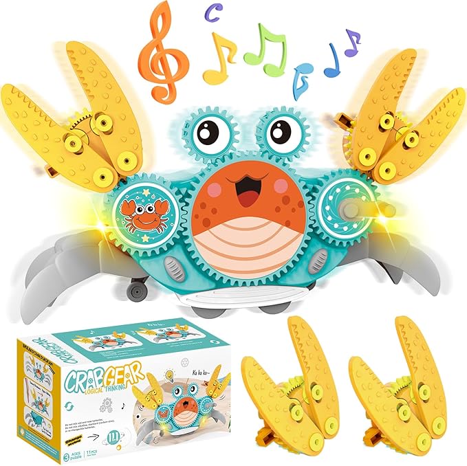 Alritz Crawling Crab Baby Toy, Developmental Tummy Time Toys for Crawling, Walking Crab Toy DIY Gear-building, with Sensory Light-Up, Dancing Crab Toys for Infant Boys Girls 3-6 6-12 36 Months Age 3 +
