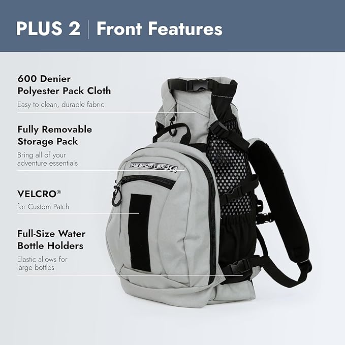 K9 Sport Sack Plus 2 - Small, Light Grey - Ideal for Dogs 13-16” Long - Adjustable, Backpack-Style Carrier with Multi-Functional Storage Pack, Thick Shoulder Straps &amp; Padded Back Panel