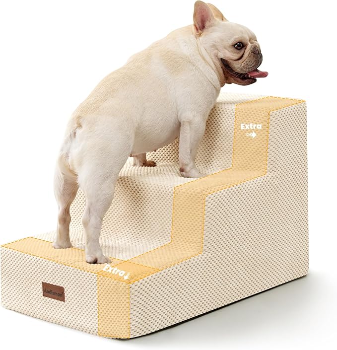 Dog Stairs for Small Dogs &amp; Cats, 3-Step Extra Wide Non-Slip Pet Steps for Couch Sofa and Chair, Beige, 15.7" H