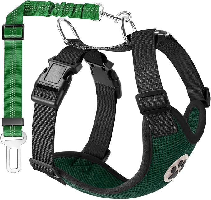 Lukovee Dog Seat Belt - Adjustable Dog Car Harness for Large, Medium &amp; Small Dogs, Soft Padded &amp; Breathable Mesh Dog Seatbelt with Vehicle Connector Strap (Green, Small)