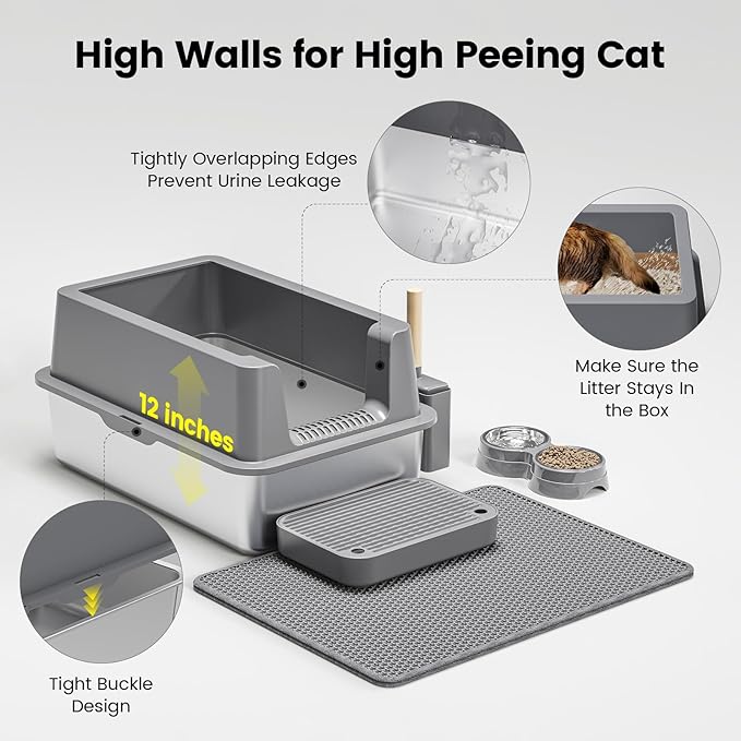 Stainless Steel Cat Litter Box - Enclosed XL Metal Kitty Litter Box with Lid for Big Cats, High Sided, Anti-Leakage, Easy Cleaning, Non-Sticky, Included Litter Mat, Cat Bowl &amp; Spoon