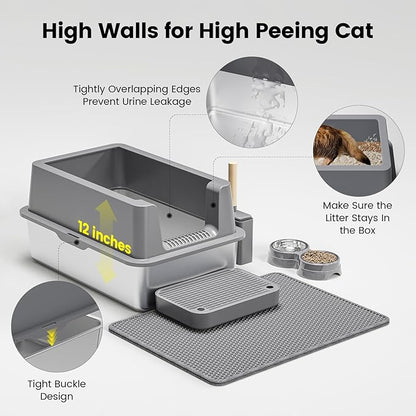 Stainless Steel Cat Litter Box - Enclosed XL Metal Kitty Litter Box with Lid for Big Cats, High Sided, Anti-Leakage, Easy Cleaning, Non-Sticky, Included Litter Mat, Cat Bowl &amp; Spoon