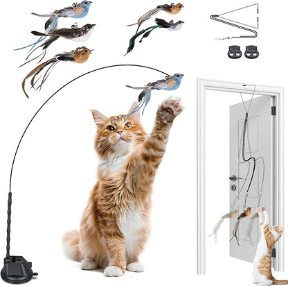 Cat Toys for Indoor Cats, Interactive Bird Cat Toy Self-Holding Suction Base with 5 Replaceable Birds, Door Hanging String, Feathers &amp; Bells | Chase, Jump &amp; Exercise for Kittens/Adult Cats