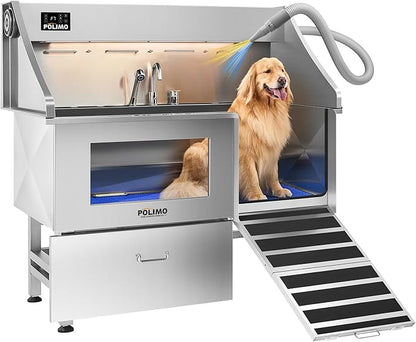 polimo Dog Wash Station with Pet Dryer &amp; LED, Professional Dog Bathing Station for Large, Medium &amp; Small Dogs – with Window, Ramp, Drawer, Floor Grate, LED Display &amp; Faucet (Right RAMP &amp; Dryer, 61")