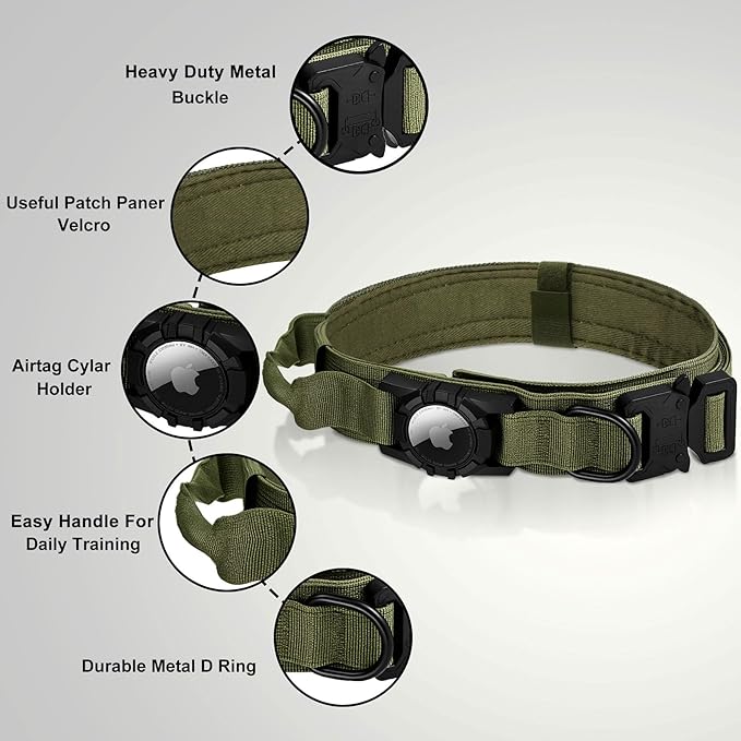 Tactical AirTag Dog Collar Leash Set - Heavy Duty, Adjustable GPS Collar Compatible with Apple AirTag, with Holder &amp; Control Handle for Medium/Large Dogs [ Green, M ]