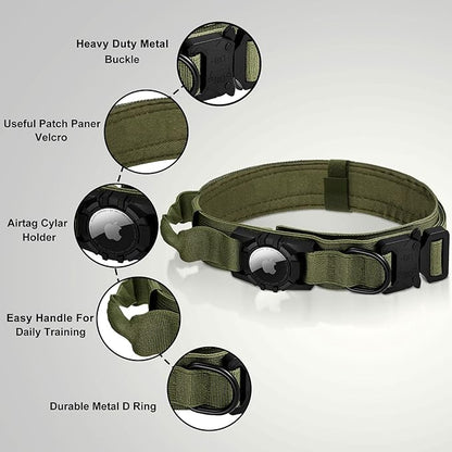 Tactical AirTag Dog Collar Leash Set - Heavy Duty, Adjustable GPS Collar Compatible with Apple AirTag, with Holder &amp; Control Handle for Medium/Large Dogs [ Green, M ]