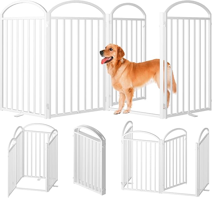 4 Panles Full Matel Freestanding Dog Gates with Door, 96"Extra Wide 36"Tall Free Standing Dog Pet Gate for Indoor &amp; Outdoor. Foldable Pet Fences for Doorways, House, Stairs, Porch, Deck, Yard