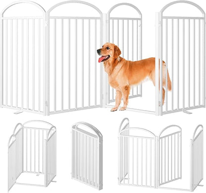 4 Panles Full Matel Freestanding Dog Gates with Door, 96"Extra Wide 36"Tall Free Standing Dog Pet Gate for Indoor &amp; Outdoor. Foldable Pet Fences for Doorways, House, Stairs, Porch, Deck, Yard