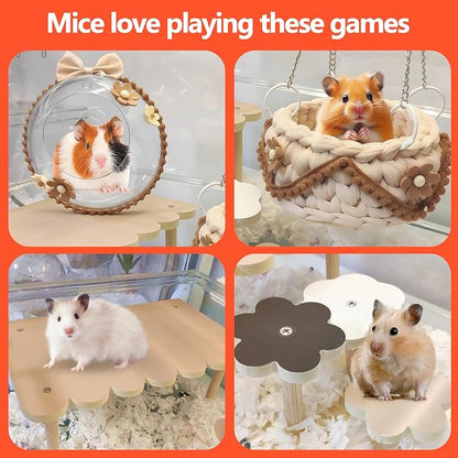 4-Pack Wooden Rat Cage Accessories - Platforms, Ladders &amp; Hammocks Set for Chinchillas, Hamsters, Gerbils (for Iron/Wooden, Acrylic Hamster Cages + Customizable Layout) (9.1x5.6x4.3)